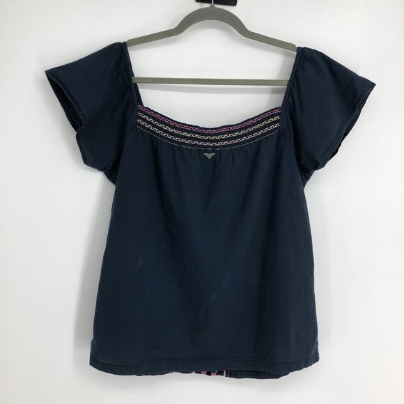 Roxy Navy Off The Shoulder Square Neck Bohemian Embroidered Top size ~L - Picture 2 of 13